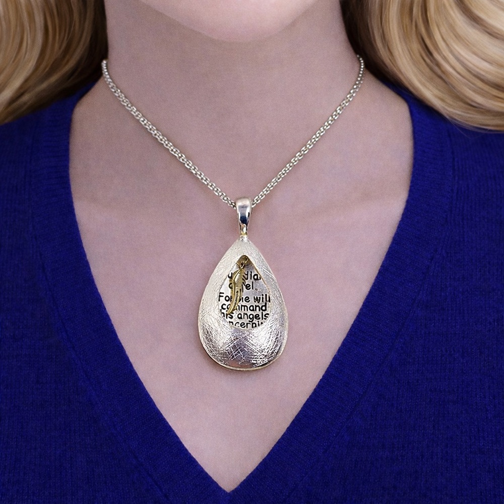 Guardian Angel Pendant Necklace 17” Silver Plated Teardrop Charm Rolo Chain Gift